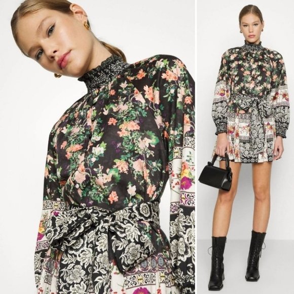 Alice + Olivia JANIS RAGLAN Floral belted mock neck boho Fall mini dress Size 6 - Picture 1 of 15
